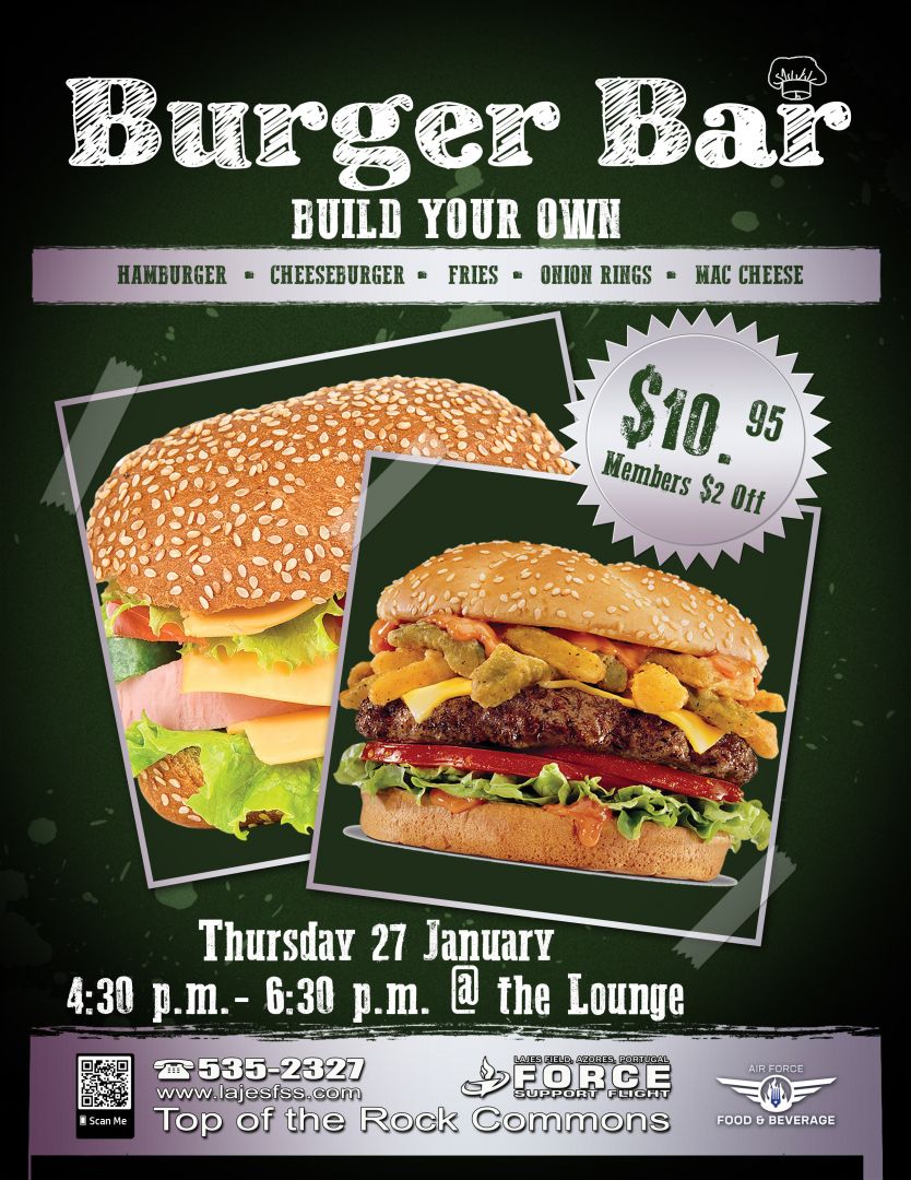 Burger Bar Build Your Own Thurdays 27 January 4:30 p.m. - 6:30p.m. at the TORC Lounge 